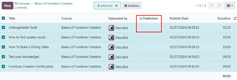 Vizualizarea conținutului unui curs care este publicat în Odoo Helpdesk back-end.