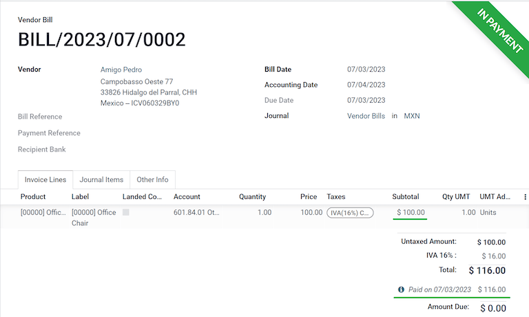 O factură de furnizor care este în plată.