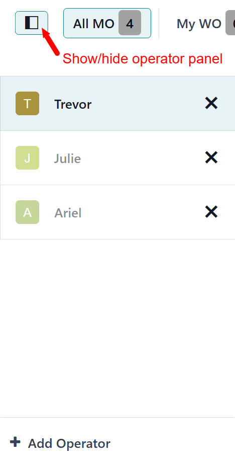 Panoul operator din modulul Shop Floor, cu butonul de afișare/ascunde panou deasupra acestuia.