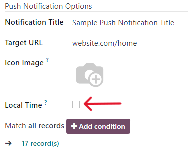 Opțiunea Ora locală din secțiunea Opțiuni de notificare push a funcțiilor.