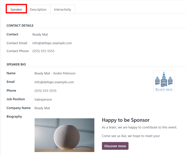 Tabul Speaker din formularul unui track de eveniment în aplicația Odoo Events.