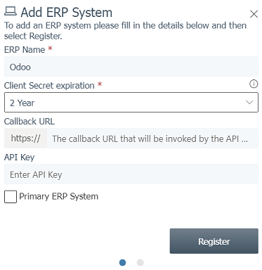 Ifyllande av formuläret för registrering av ett ERP-system på ETA-portalen.