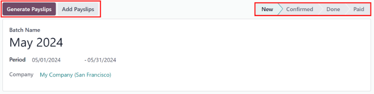 En batch med status ny, med de tillgängliga knapparna markerade.