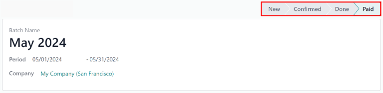 En batch med statusen betald, med de tillgängliga knapparna markerade.