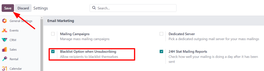 Vy över svartlistningsfunktionen på sidan Inställningar i Odoo Email Marketing-appen.