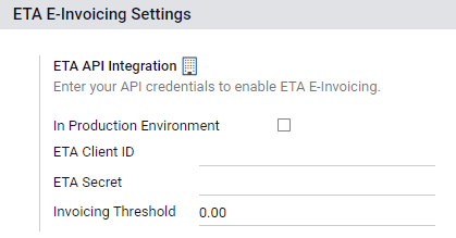 Konfiguration av inloggningsuppgifter för ETA E-fakturering i Odoo Accounting