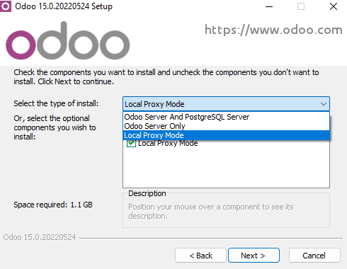 Val av "Local Proxy Mode" under installationen av Odoo Community.