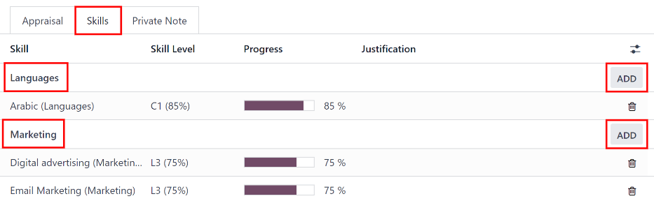 Fliken för färdigheter i ett utvärderingsformulär, helt ifyllt.