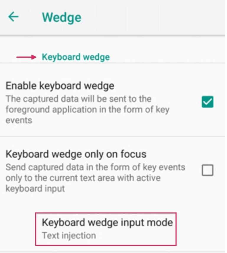 เมนูการกำหนดค่า Wedge บนเครื่องสแกน Datalogic