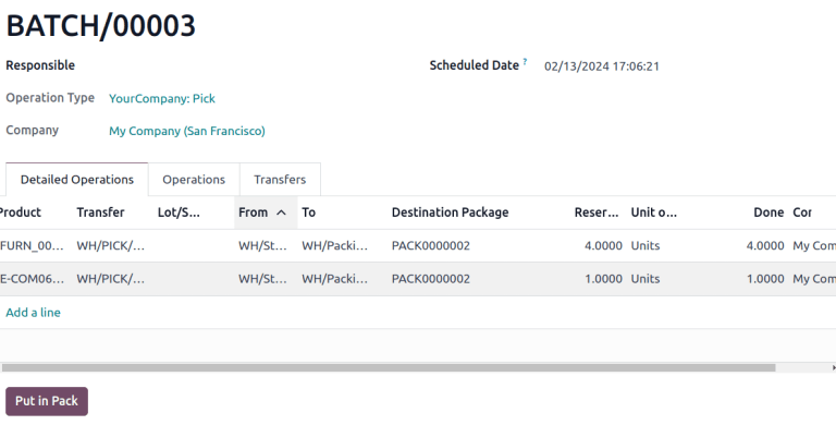 ภาพของการคลิกปุ่ม "ใส่ในแพ็ค"