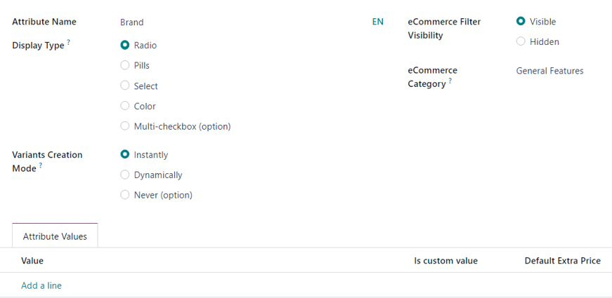 Mẫu tạo thuộc tính trống trong ứng dụng Odoo Bán hàng.