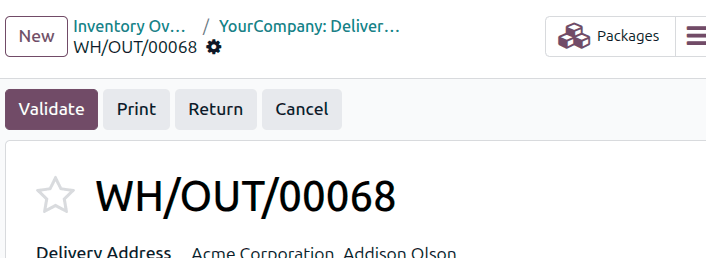 The Packages smart button on a delivery order.