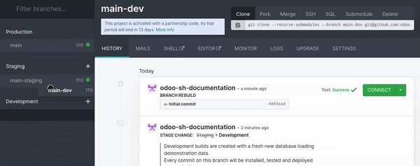 Merging a development branch into a staging branch