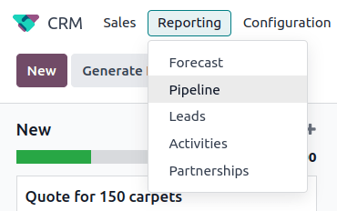 打开 CRM 应用程序，点击顶部的报告选项卡，然后点击管道。