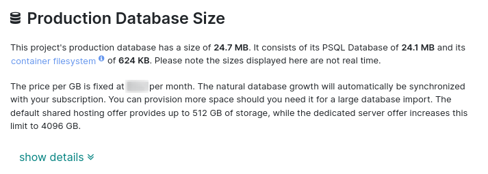 The production database size setting