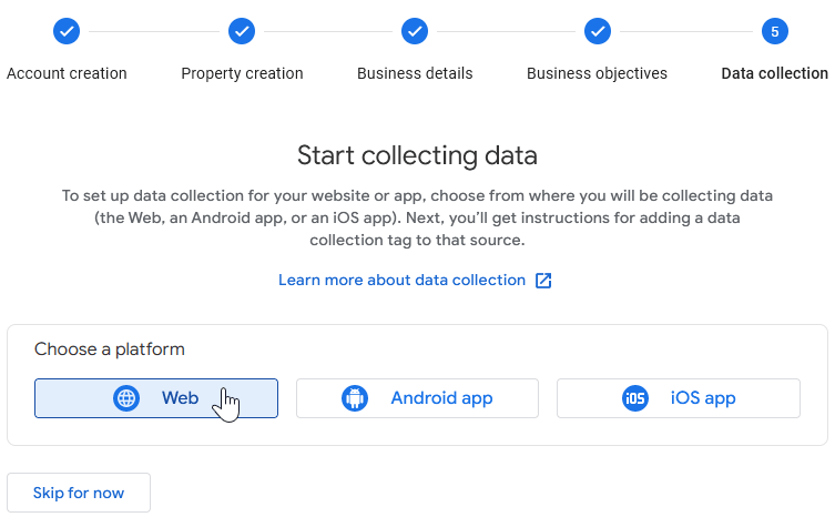 اختر منصة لخاصية Google Analytics الخاصة بك.