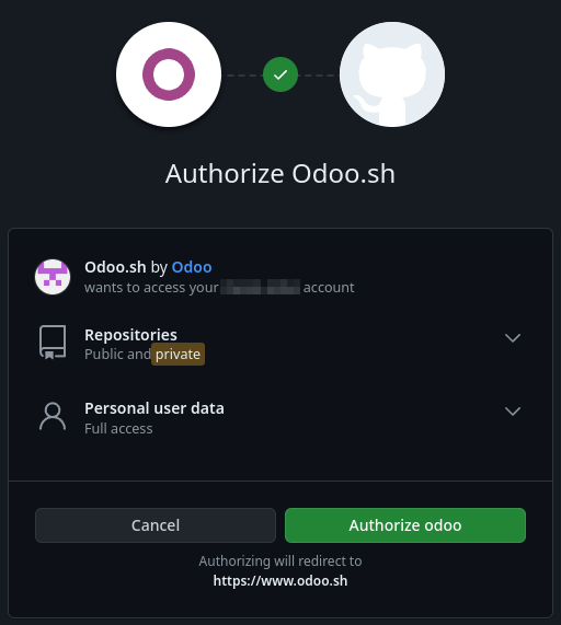 منح Odoo.sh أذونات لتنفيذ إجراءات والوصول إلى البيانات على GitHub