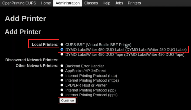 شاشة إضافة طابعة على OpenPrinting CUPS مع تمييز DYMO LabelWriter 450 DUO Label.