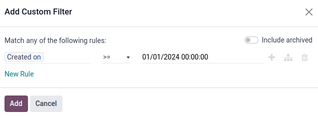 Fügen Sie eine Regel „Erstellt am“ für den Beginn des Jahres hinzu.
