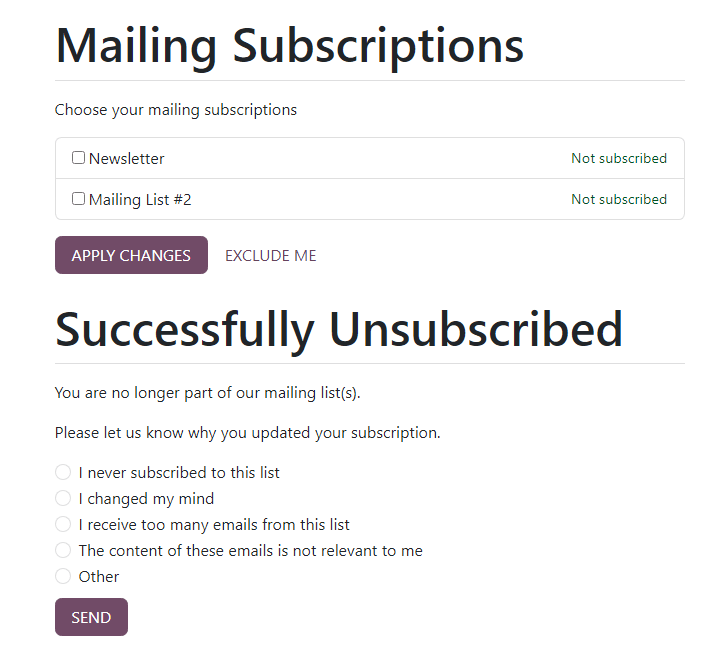 Die Seite mit den Mailing-Abonnements, die erscheint, wenn der „Abmelden“-Linlḱ im Mailing angeklickt wird.
