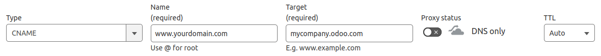 Añadir un registro DNS CNAME a Cloudflare para redirigir un subdominio www a una base de datos de Odoo