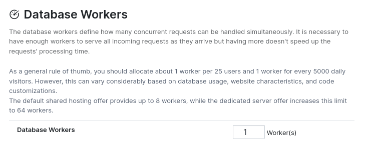 Captura de pantalla de los ajustes de los workers de la base de datos