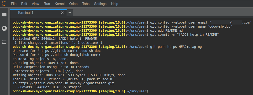 The commands to commit and push changes