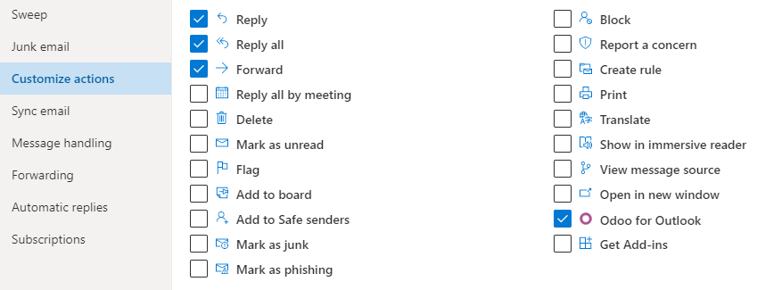Azione personalizzata Odoo per Outlook