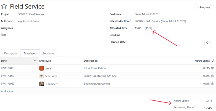 Come appare la scheda Fogli ore in un modulo attività in Odoo Vendite e Odoo Progetti.