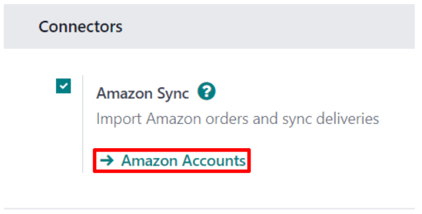 De Amazon Accounts link onder de Amazon Sync instellingen in Odoo Sales.