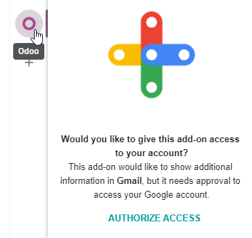 Przycisk Authorize Access w prawym pasku bocznym panelu wtyczki Odoo.