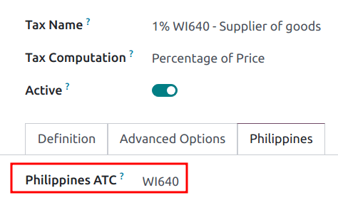 Pole kodu Philippines ATC ustawione dla podatków.
