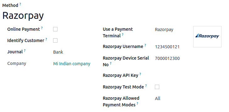 Formulário de conexão Razorpay