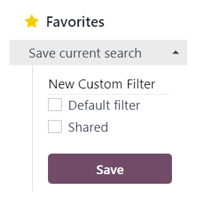 Visualização do menu suspenso Favoritos no aplicativo Odoo Marketing por e-mail.