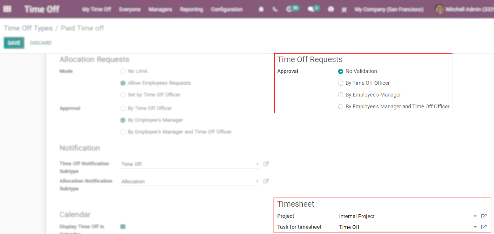 Visão de um formulário de tipos de folga, com destaque para a seção da planilha de horas e solicitações de folga no app Folga do Odoo