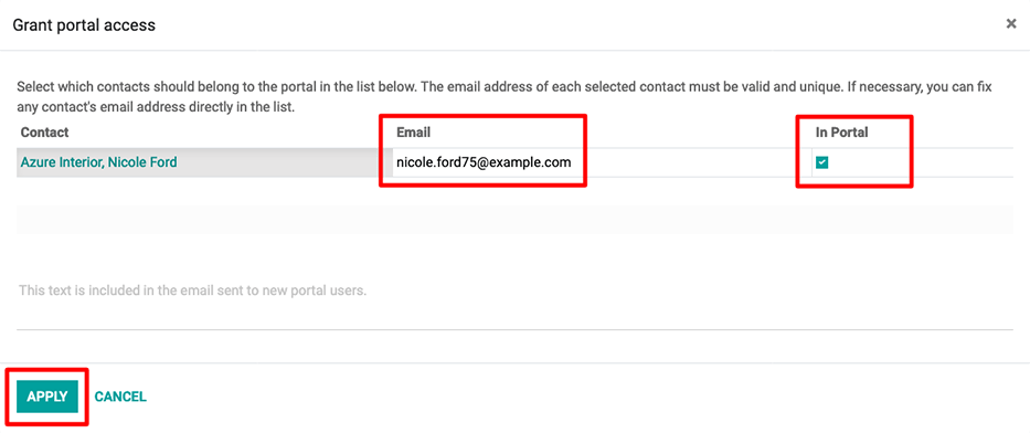 O adresă de e-mail și o casetă de bifare corespunzătoare pentru contact trebuie să fie completate înainte de a trimite o invitație la portal.