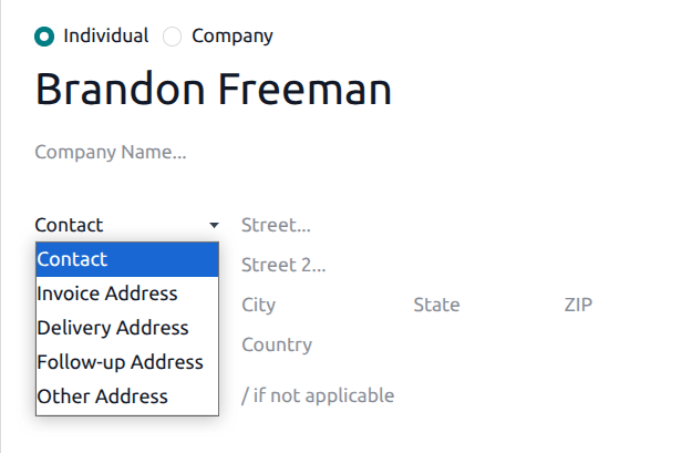 The contact type drop-down on a new contact creation form.