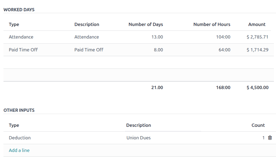 Câmpurile completate în fila zile lucrate și intrări.