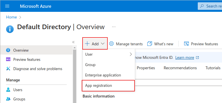 Microsoft Azure-hanteringssida med menyn + Lägg till och Appregistrering markerad.