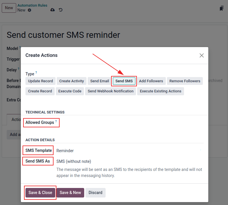 Automation regelmall med regel att göra, SMS mall och logga som anteckning markerad.
