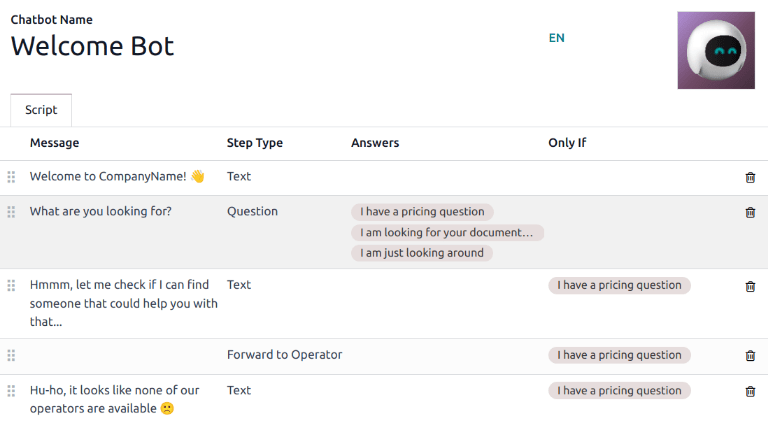 Vy över skriptet Welcome Bot i Odoo Live Chat.