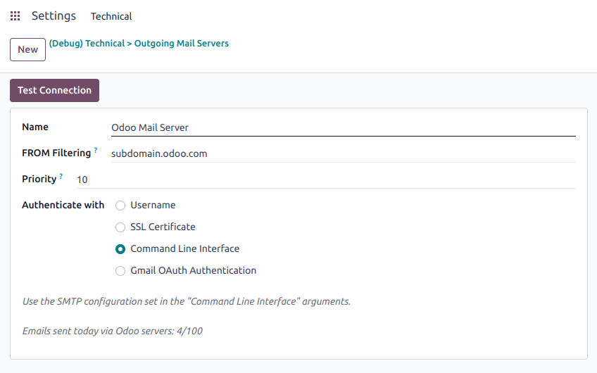 Lägga till en e-postserver med hjälp av Odoos e-postserver med CLI-autentisering.