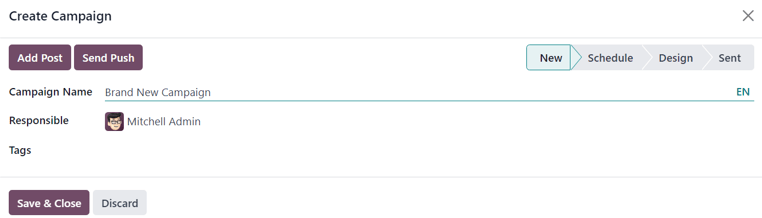 Vy över popup-fönstret för e-postutskickskampanjen i Odoo Email Marketing-applikationen.