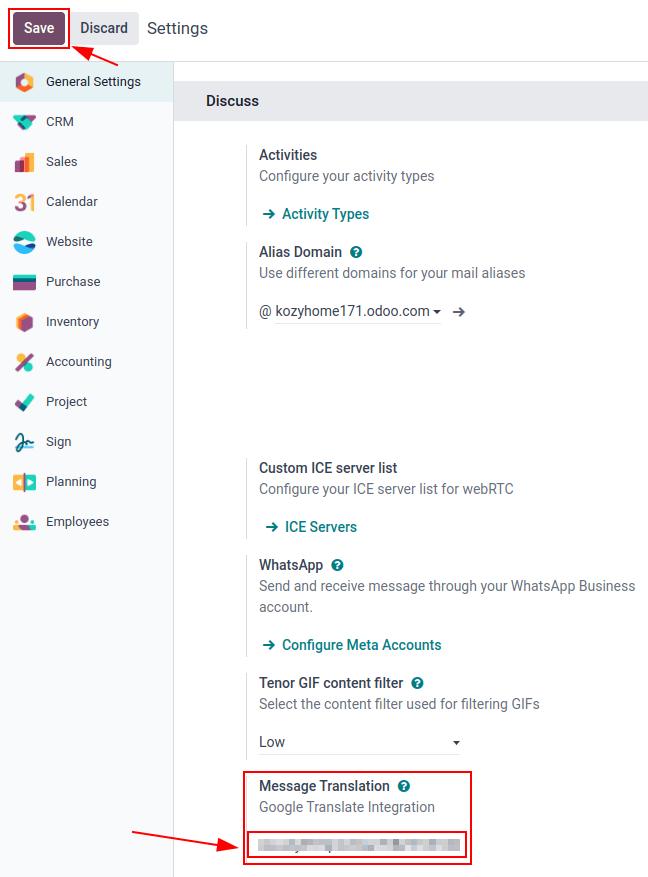 Odoo-konfiguration av API-nyckeln från *Google API Console*.