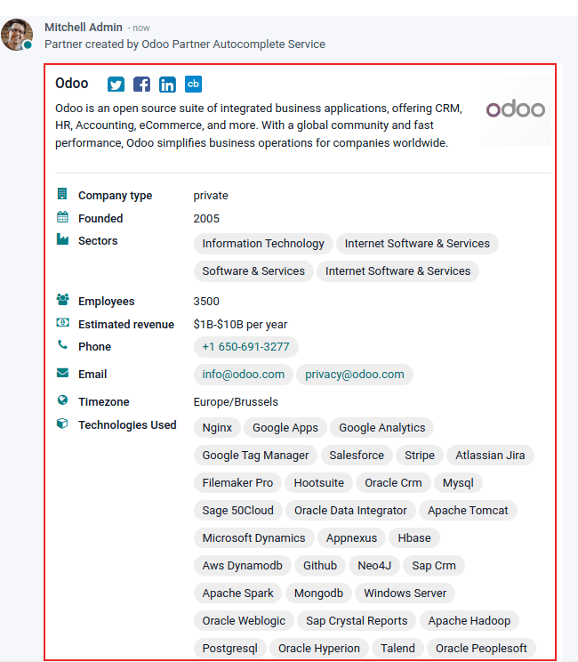 Vy över den information som visas om odoo med alternativet för autokomplettering i Odoo