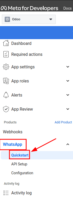 Navigera till snabbstartsguiden för WhatsApp i instrumentpanelen för Meta for Developer.
