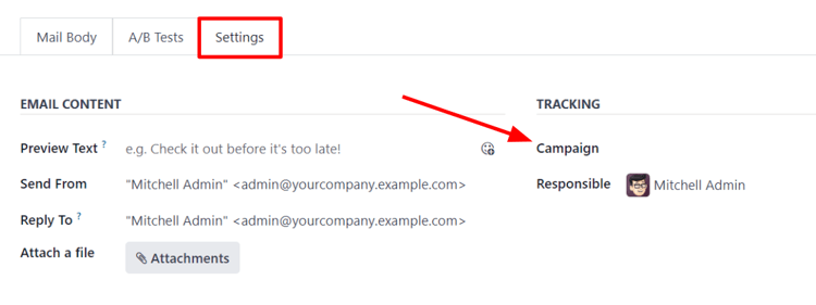 Vy över inställningsfliken i Odoo Email Marketing när kampanjinställningen är aktiverad.