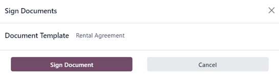 Odoo 租賃應用程式中顯示的「簽署文件」彈出視窗。