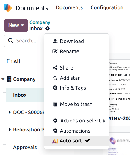 The actions menu in a folder within the Documents app.