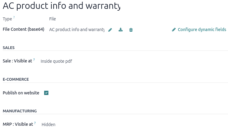 A standard document form with an uploaded PDF in Odoo Sales.